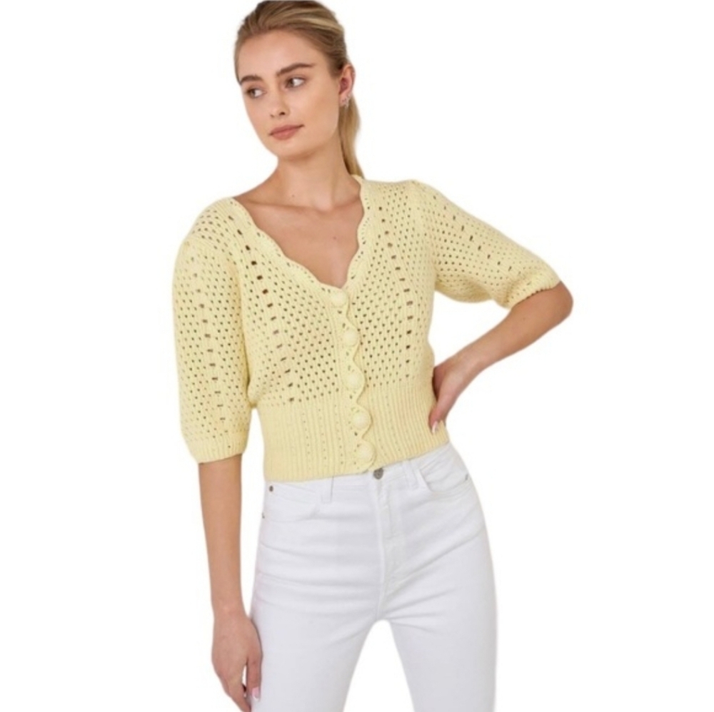 English Factory Crochet Cropped Cardigan Sweater Yellow Small